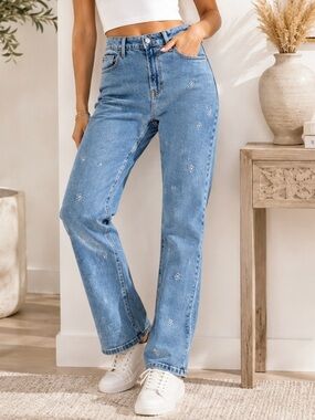 Hollister Ultra High-Rise Dad Jeans Floral Embroidered 16S W33 Vintage Stretch